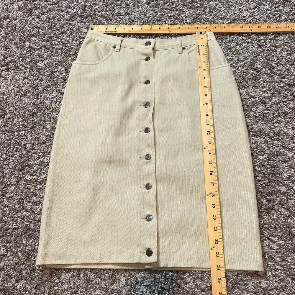 Vintage Button Front Skirt Size 10 Khaki Tan Pinstripe Minimal Rodeo Western 90s
